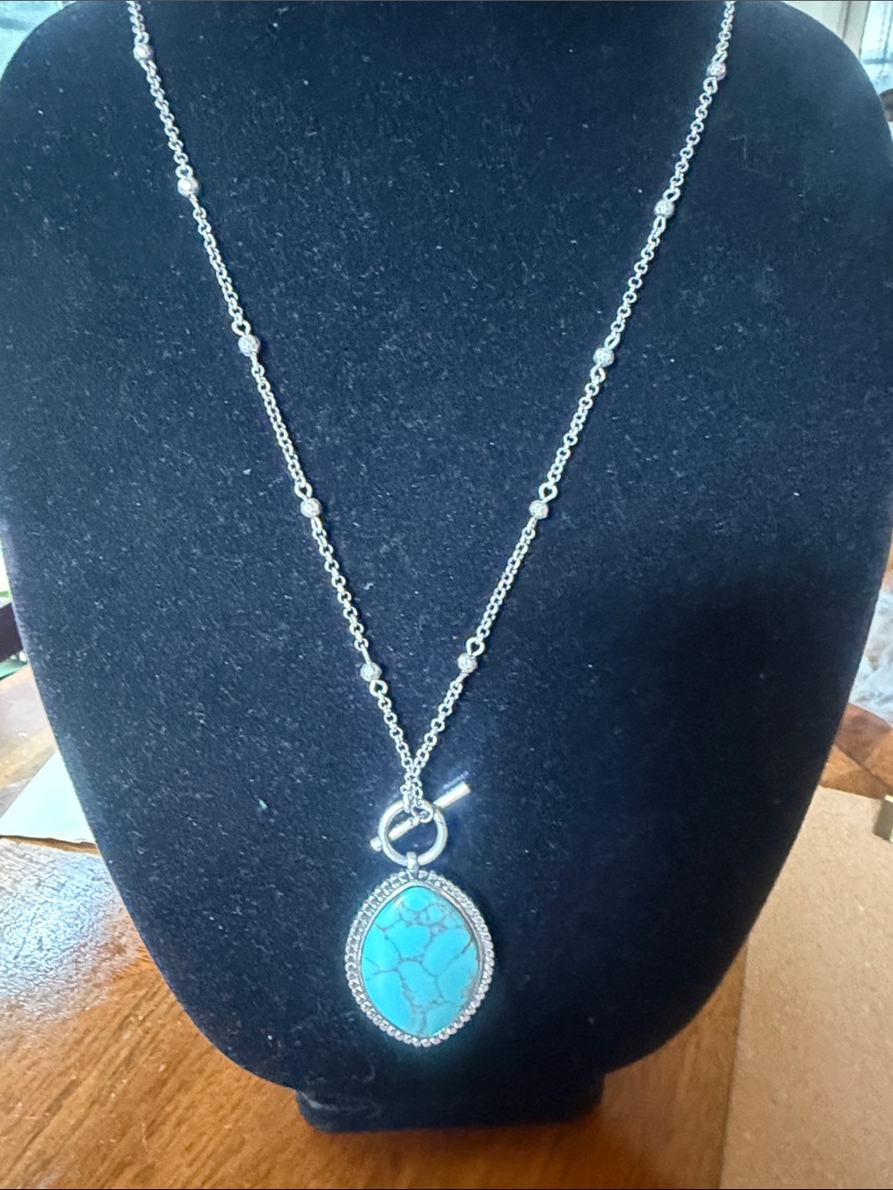 Lucky Brand Silver Toggle Necklace with Turquoise Pendant